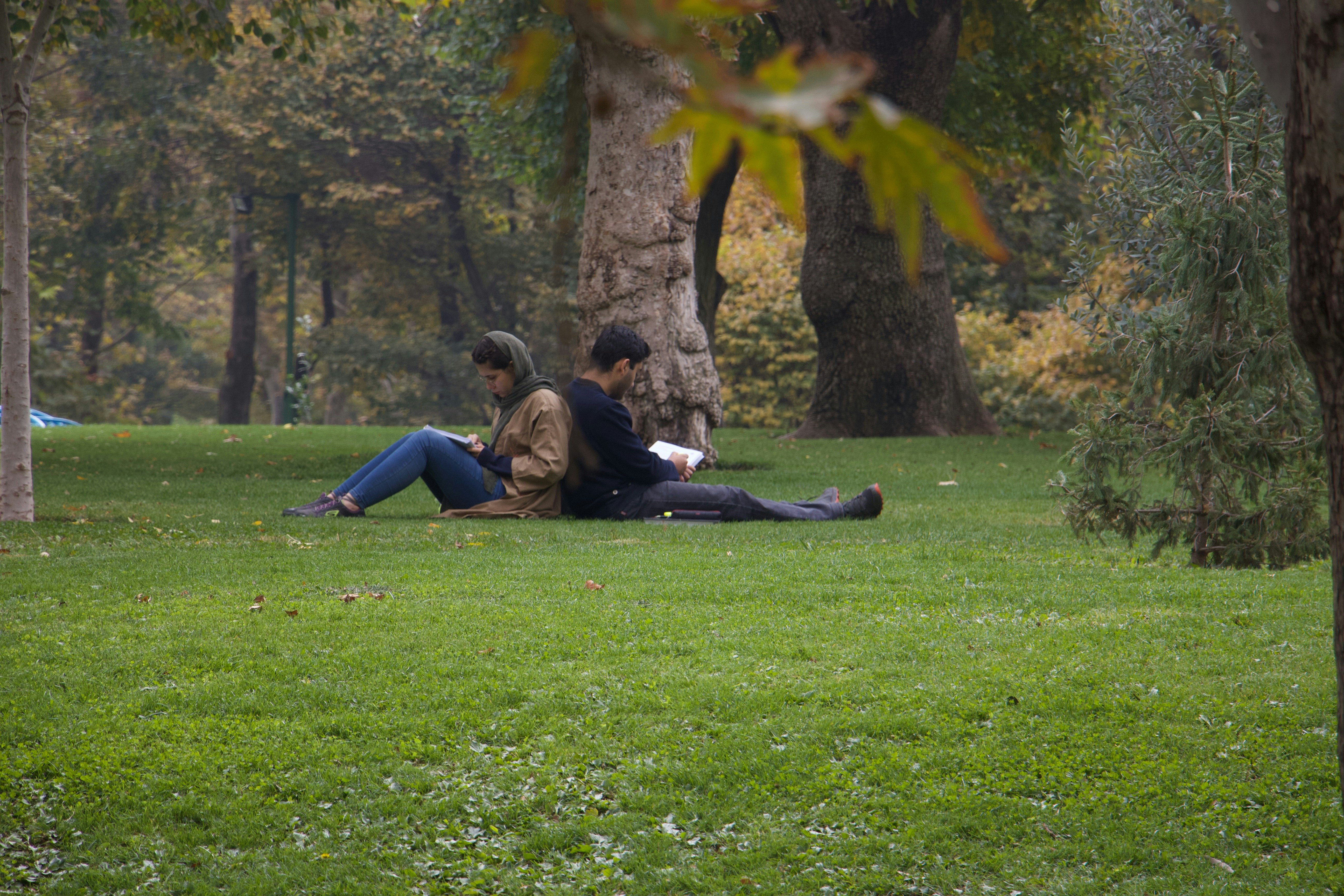 man and woman sitting on green grass field during daytime
