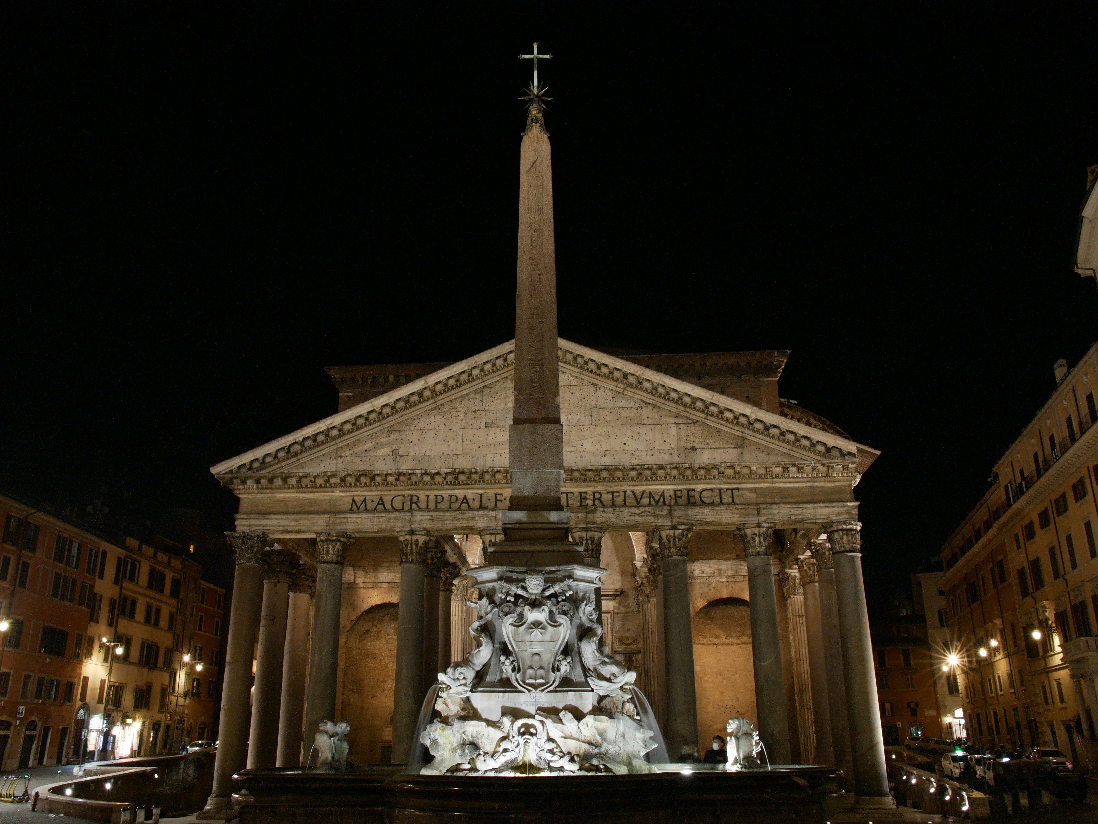 white concrete building during night time, The Pantheon and the Obelisk placed in front of it aren