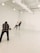 In a spacious, light-filled studio with white walls and exposed beams, two people are posing playfully while a photographer captures their moment. The setting is minimalistic, emphasizing the interaction between the photographer and the subjects.