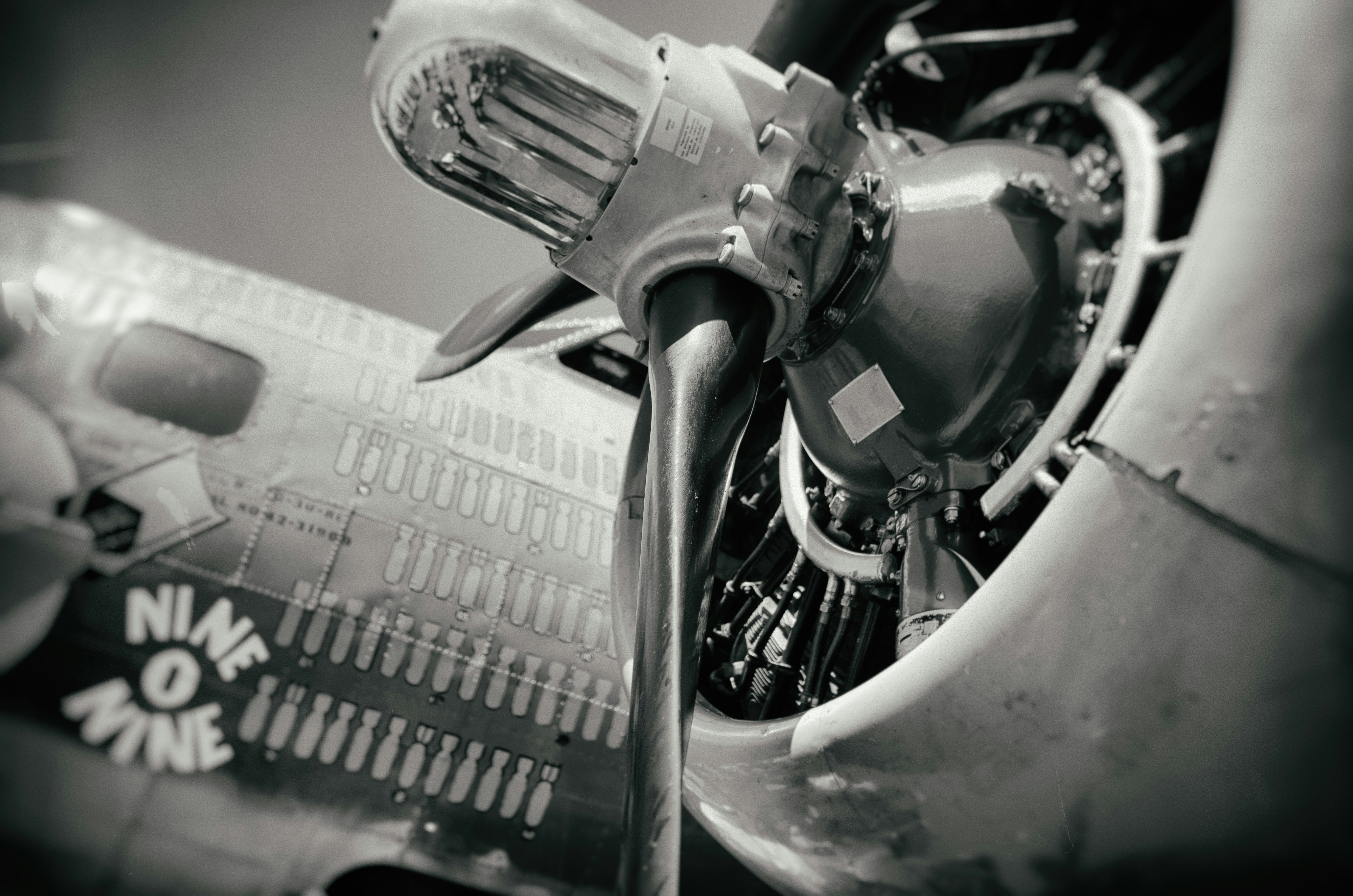grayscale photo of airplane engine, 