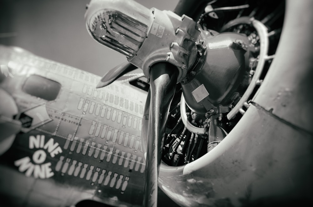 grayscale photo of airplane engine