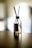 A glass diffuser bottle with a silver top and black reed sticks is placed on a wooden surface. The background is softly blurred, creating a serene atmosphere.
