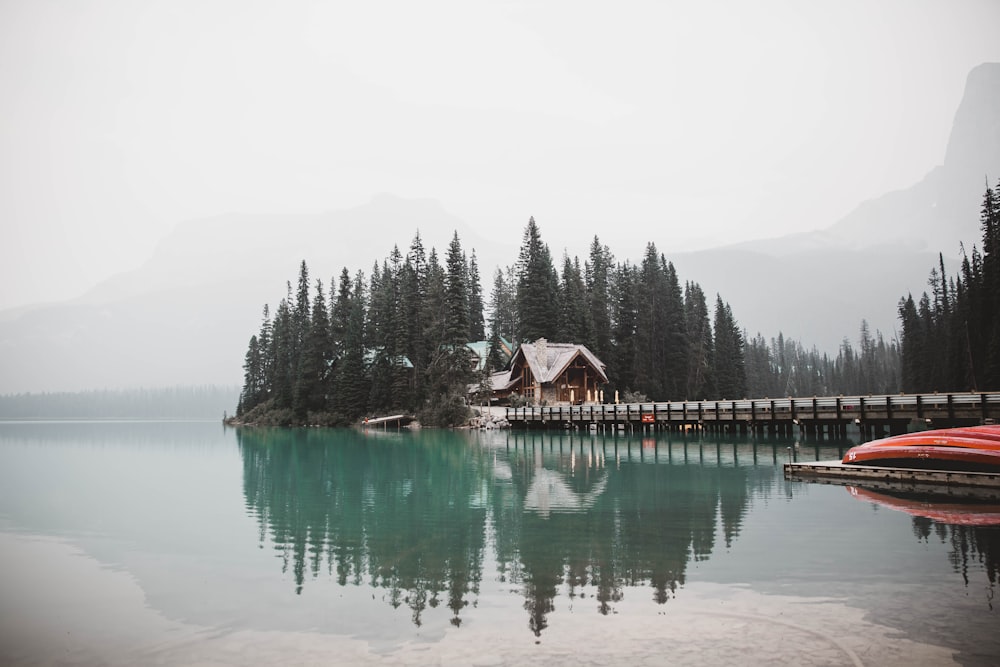 brown wooden house on lake near green trees during daytime