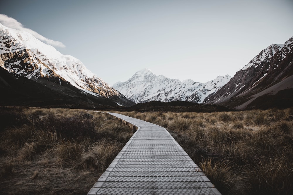 gray wooden dock on brown grass field near snow covered mountain during daytime