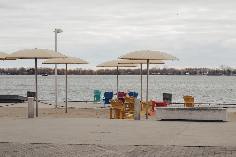 people sitting on brown wooden chair near body of water during daytime