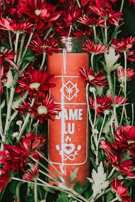 A red candle labeled 'DAME LU' surrounded by vibrant red flowers with green leaves. The design on the candle includes symbols of an eye, flame, and two leaves.