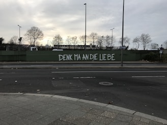 A graffiti with the phrase 'DENK MA AN DIE LIEBE' is painted on a green barrier along a road with barren trees and an overcast sky. Streetlights and distant buildings are visible in the background.