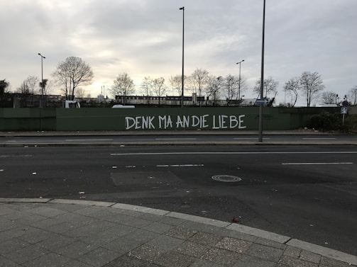 A graffiti with the phrase 'DENK MA AN DIE LIEBE' is painted on a green barrier along a road with barren trees and an overcast sky. Streetlights and distant buildings are visible in the background.