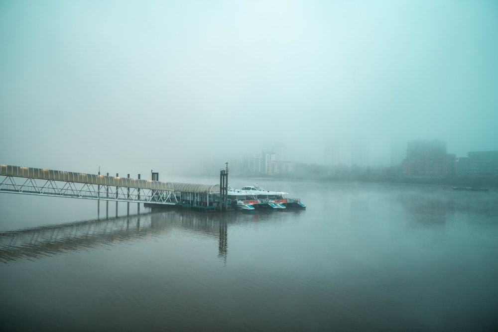 blue and white boat on dock during foggy weather