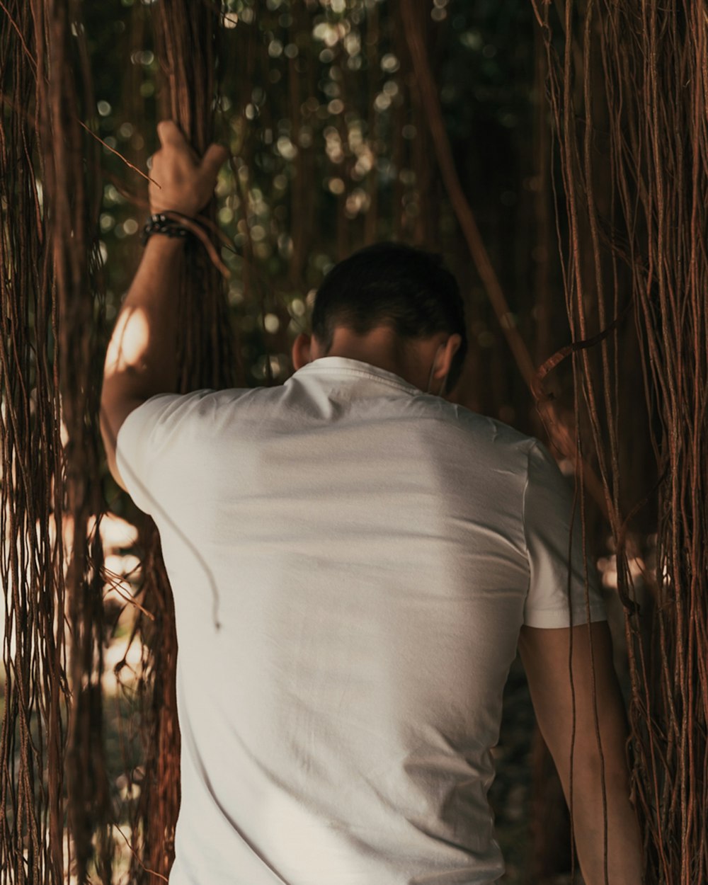 man in white t-shirt standing near bamboo trees