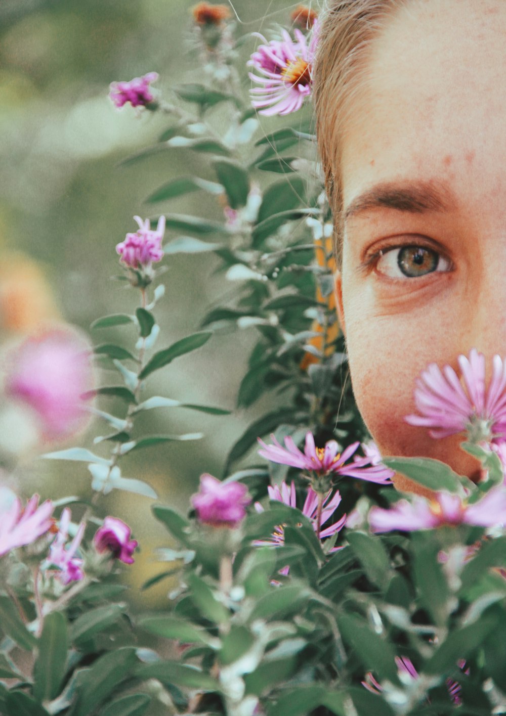 womans face near purple flowers