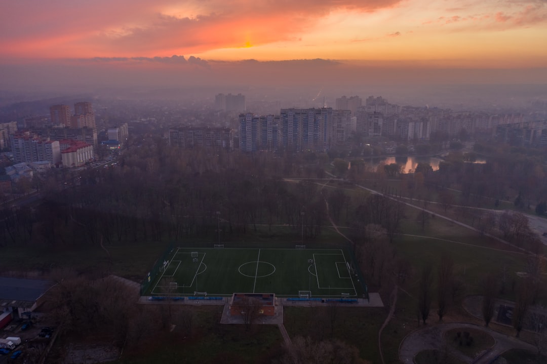 aerial view of city during sunset