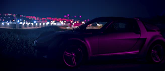 A sleek car gleaming under neon pink and blue lights, with a retro synthwave cityscape in the background.