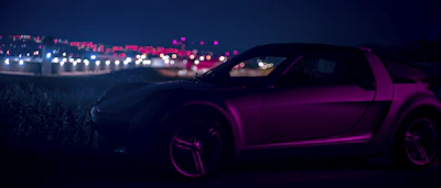A sleek neon-lit retro convertible parked under glowing city lights at night.