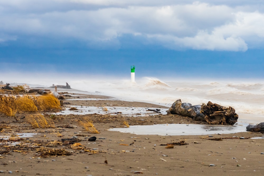 white and green lighthouse on brown rocky shore under blue sky during daytime