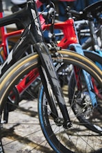 Close-up of high-quality bicycle spare parts neatly arranged on shelves.