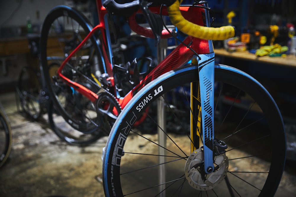 blue and red bicycle wheel