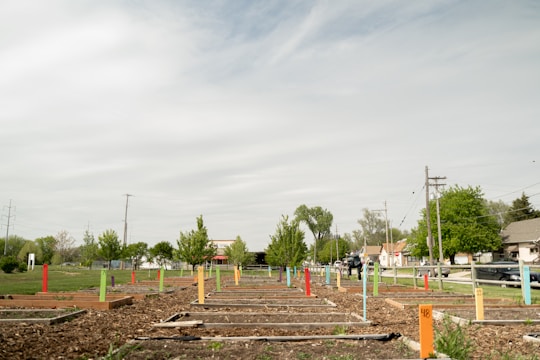 A group of diverse community members planting a garden together in a neighborhood park.