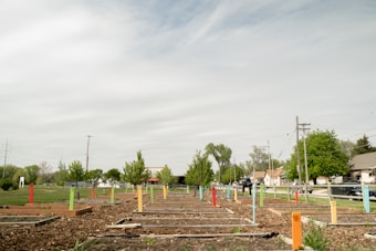 A community garden with multiple empty plots marked by colorful stakes is situated in a suburban neighborhood. Trees and utility poles line the edge of the garden, with residential houses and parked cars visible in the background. The sky is overcast, providing a muted tone to the overall setting.