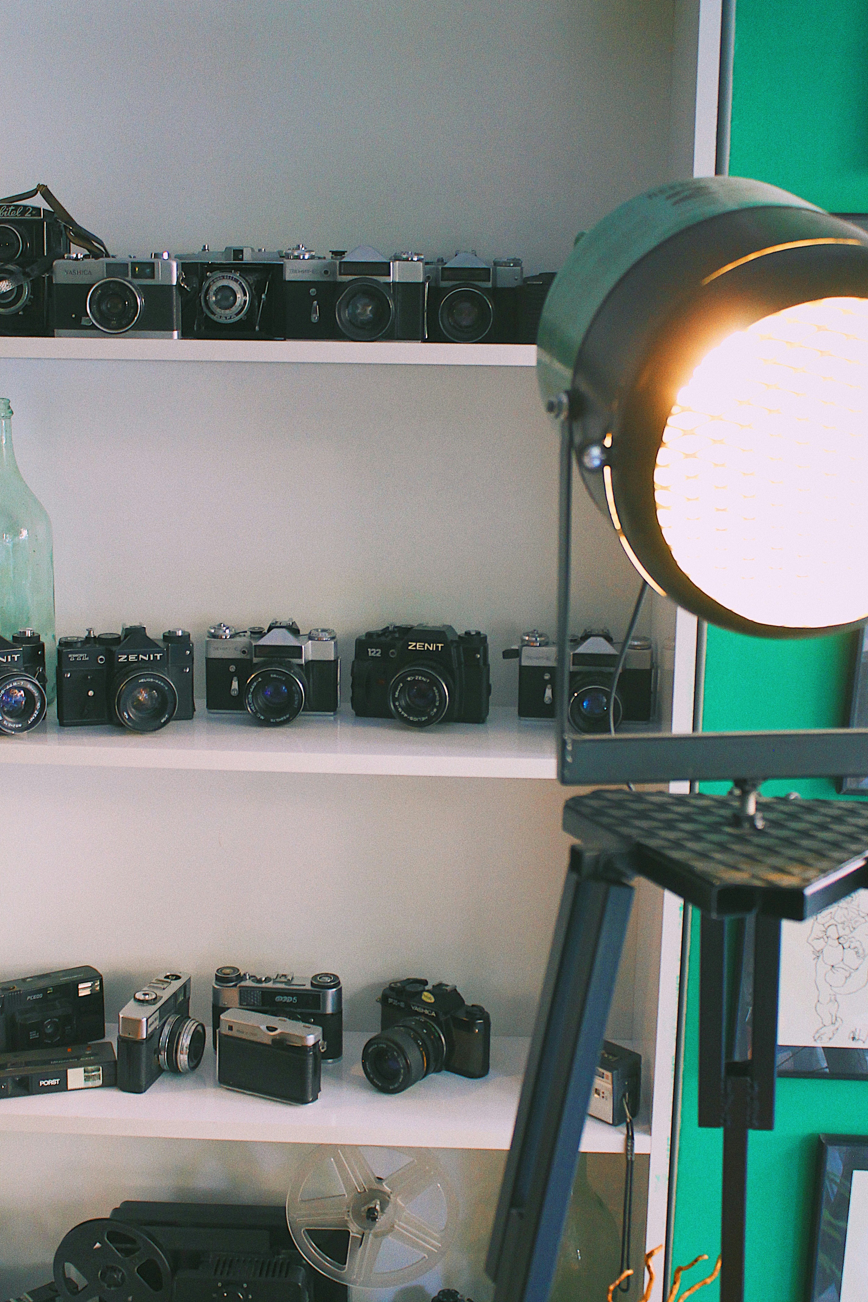 black and silver speakers on black table