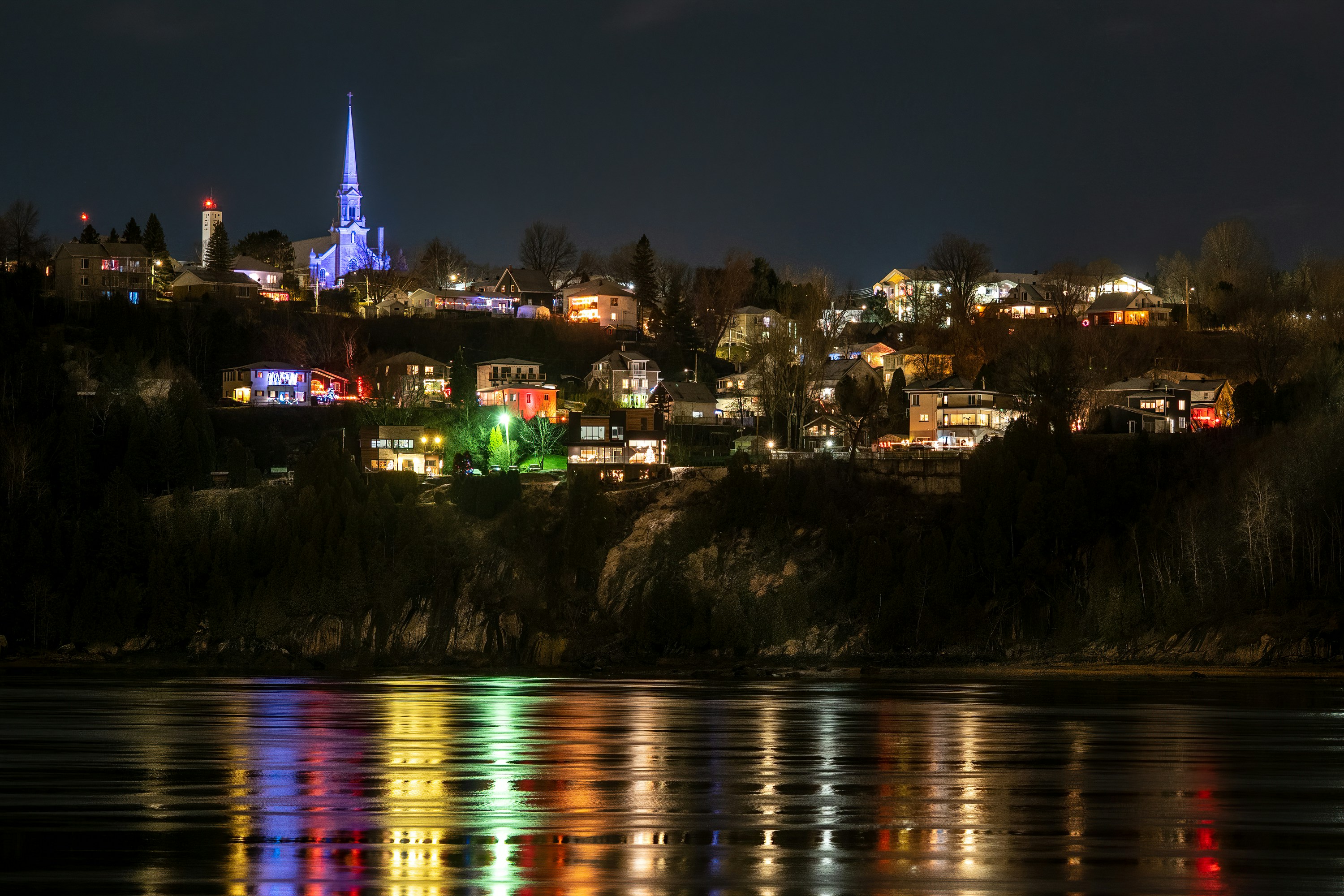 Coastal view at night of La Baie and Saguenay River