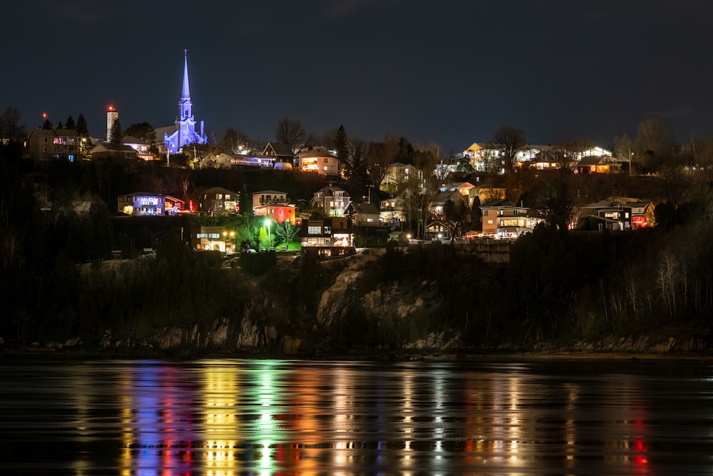 city skyline during night time