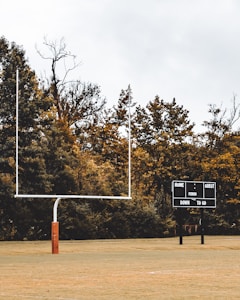 A football field with a goal post on the left and a scoreboard on the right. The background contains tall trees, partially covered with golden leaves, under an overcast sky.