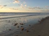 A calm beach at sunset with gentle waves and a sandy shore.