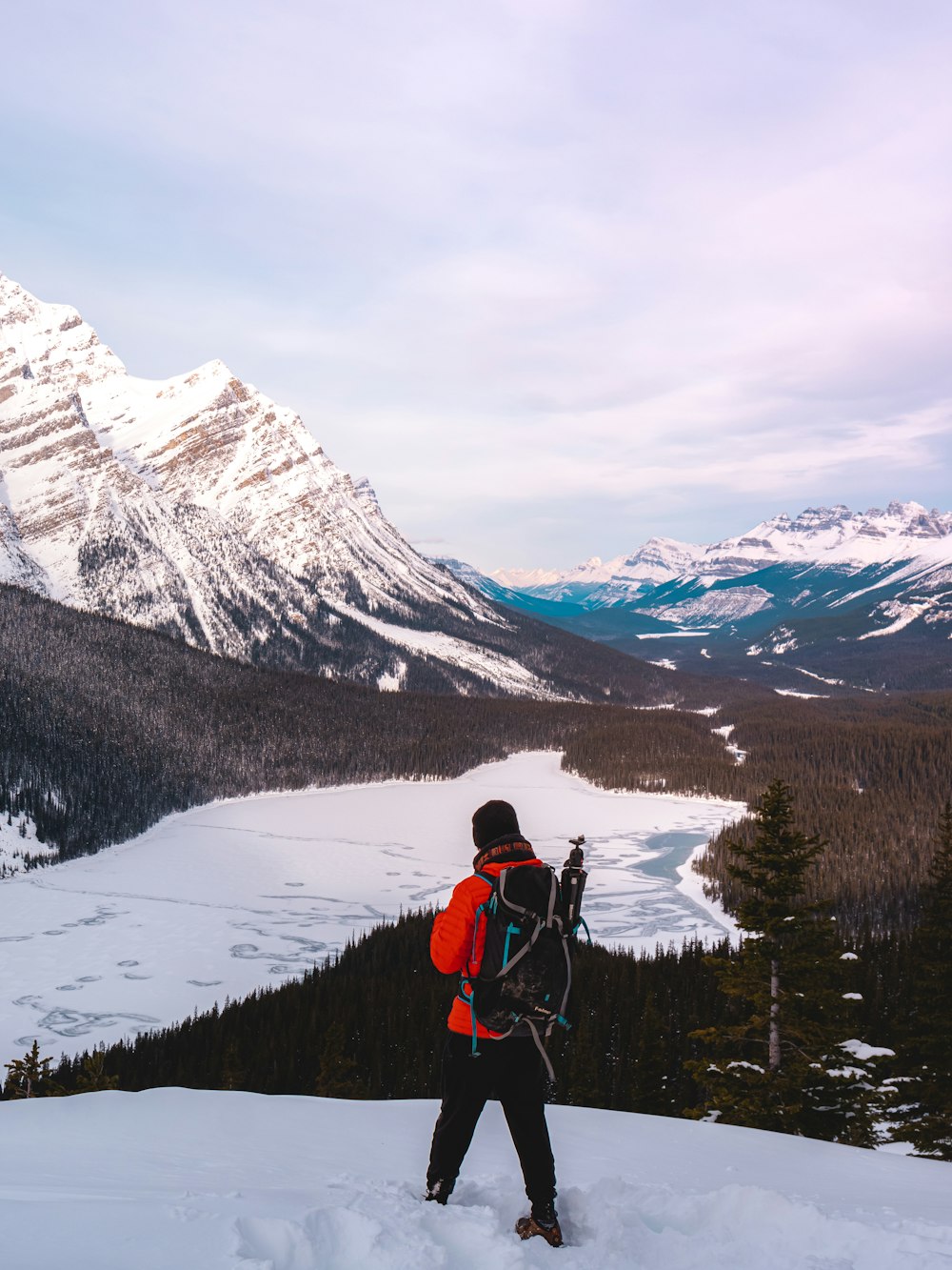 person in red jacket and black pants standing on snow covered ground near snow covered mountains