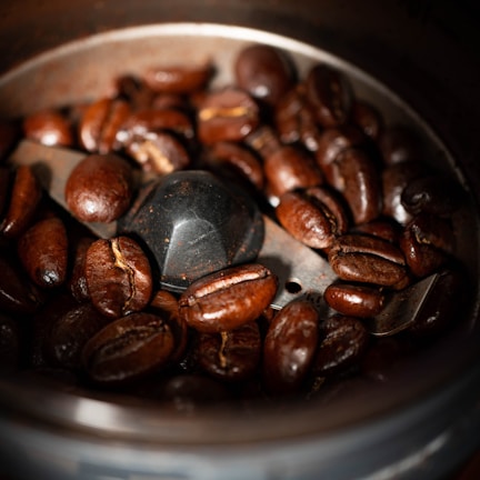 Close-up shot of dark roasted coffee beans inside a metal coffee grinder. The beans are glossy and rich in color, surrounding the central blade of the grinder.