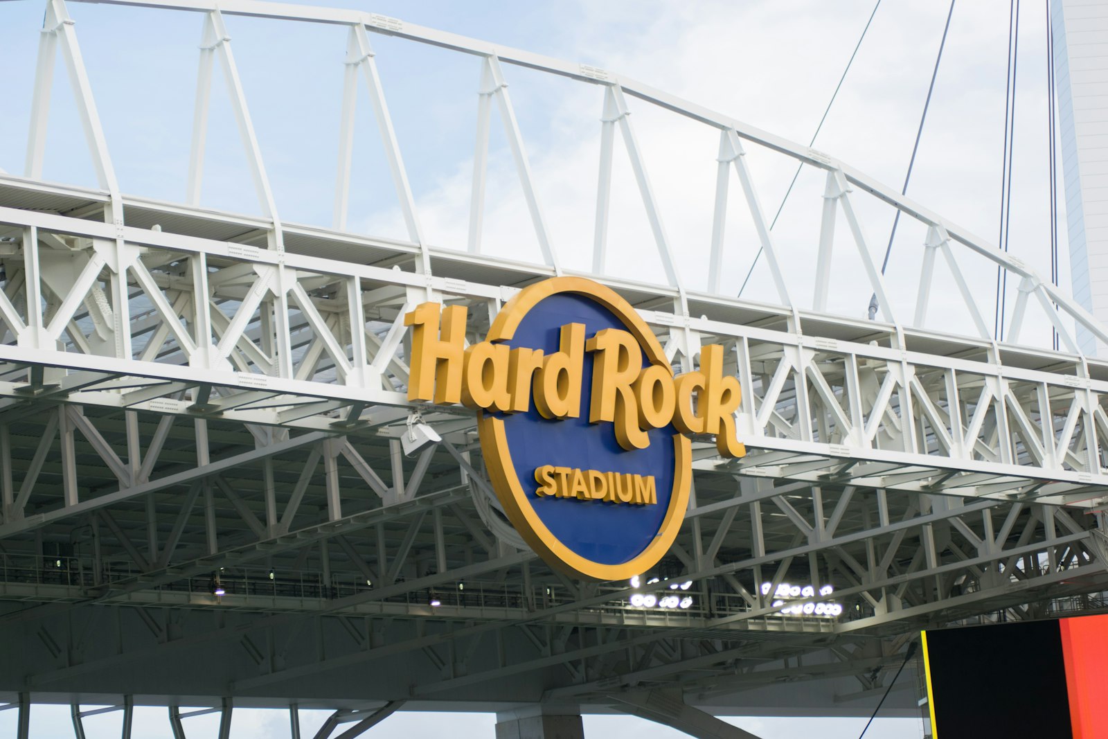 Hard Rock Stadium sign on the stadium's canopy truss in Miami Gardens, Florida