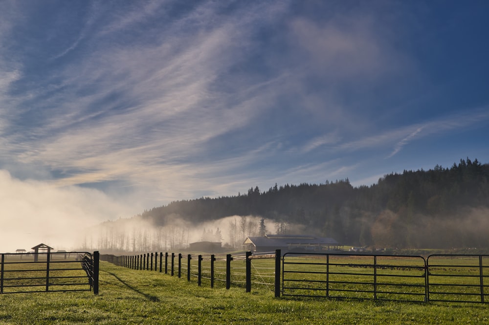 valla de madera marrón en campo de hierba verde bajo nubes blancas y cielo azul durante el día