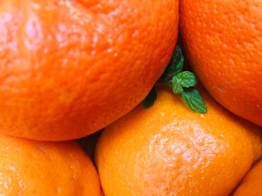 A close-up view of several ripe oranges with a shiny, textured peel. The bright orange color is contrasted by small green leaves peeking through.