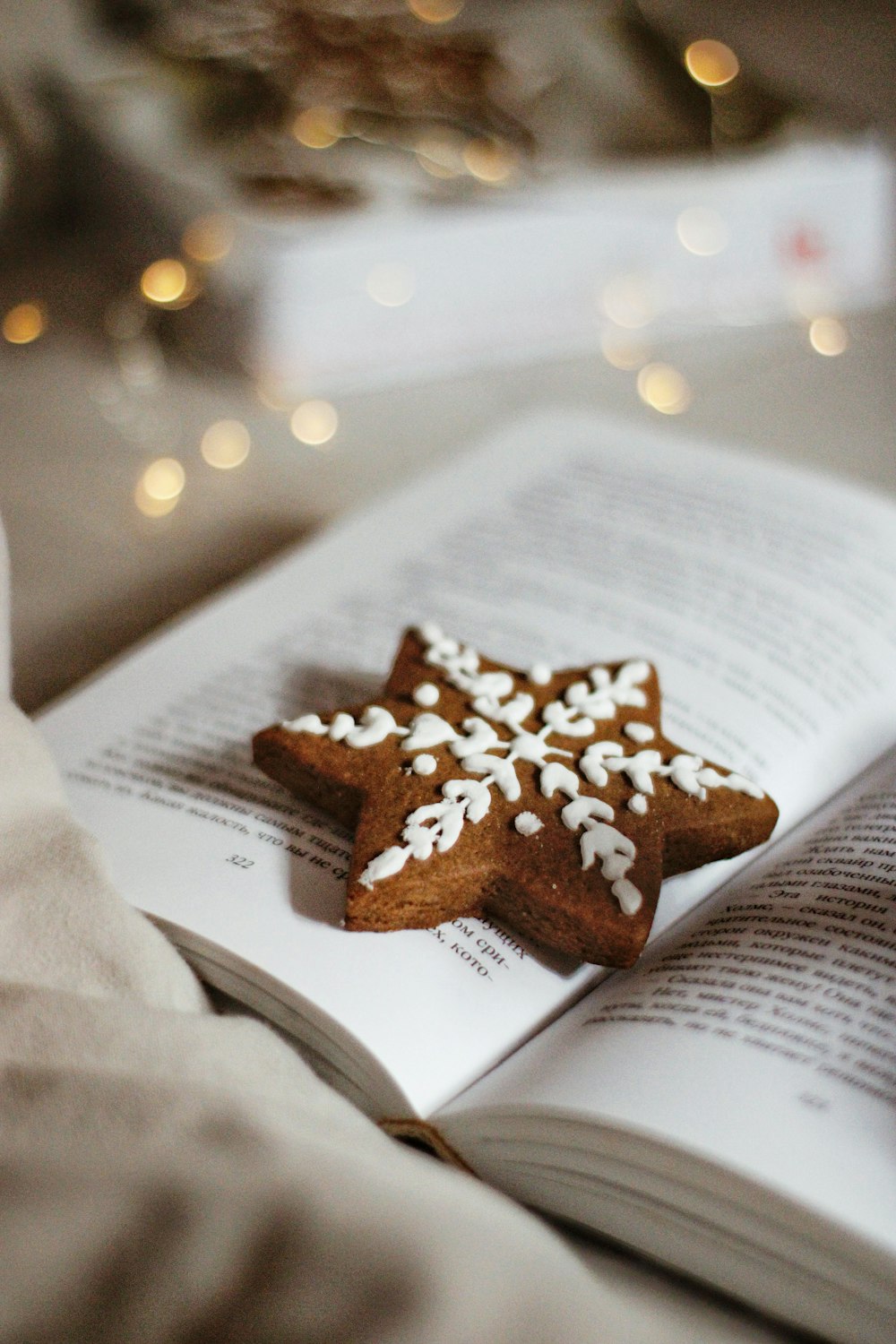 Biscotti marroni e bianchi a forma di cuore sulla pagina del libro