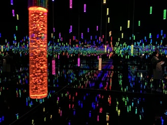 A dark room filled with an array of suspended vertical light tubes, each glowing in vibrant colors like orange, blue, green, and pink. The reflective surfaces create an effect of infinite lights and colors, giving a sense of depth and immersion. A few people can be seen observing the installation, adding a human element to the scene.