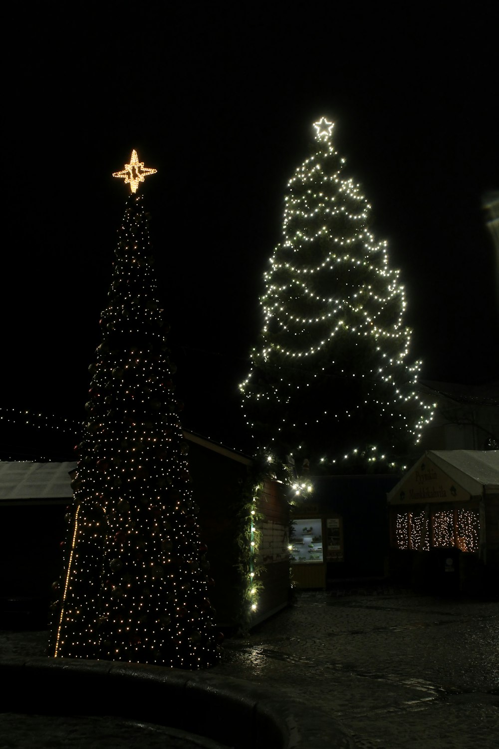 christmas tree with string lights turned on during night time