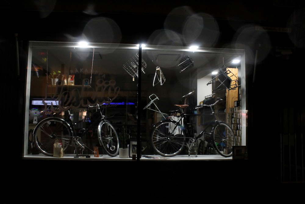 bicycles parked in front of store