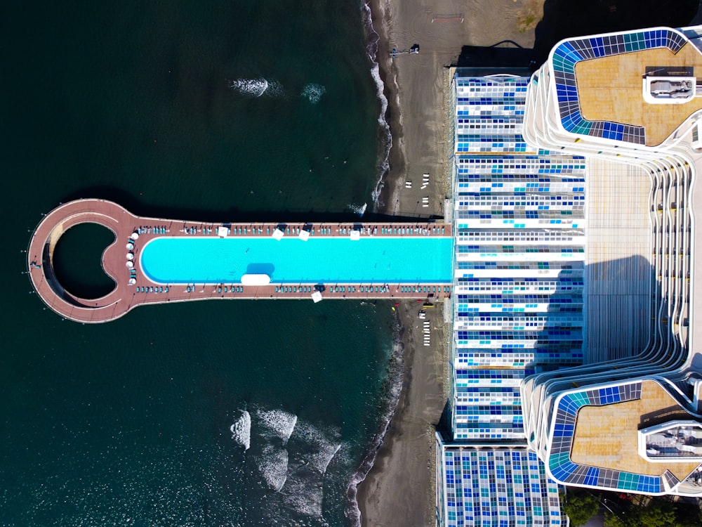 aerial view of blue and white swimming pool