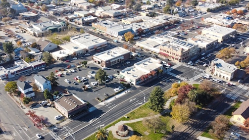 an aerial view of a city with lots of buildings
