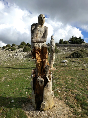 A collection of wooden Lega sculptures displayed outdoors, bathed in natural sunlight.