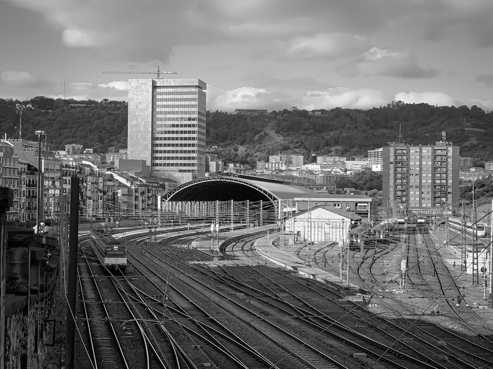 grayscale photo of city buildings