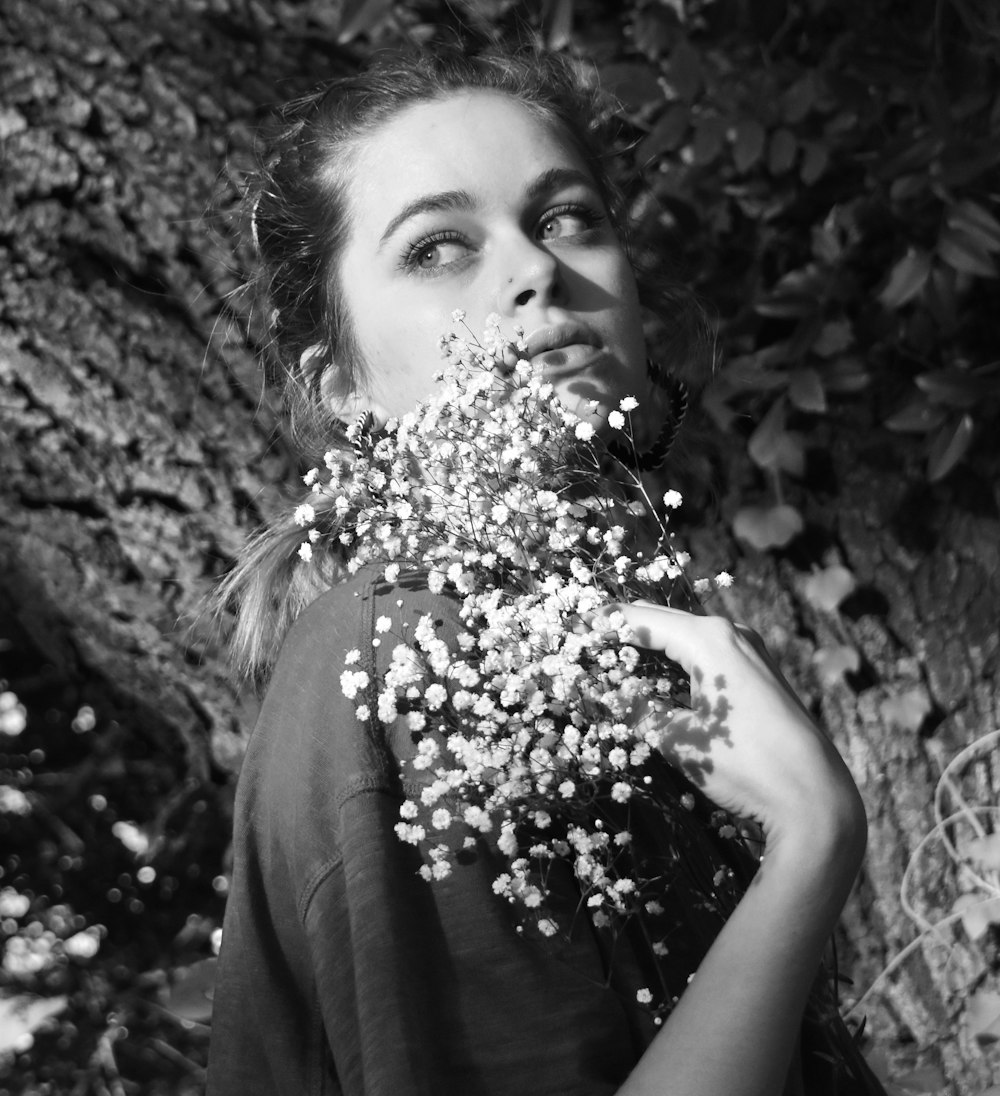 grayscale photo of woman in black shirt