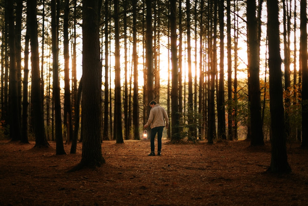 woman in white jacket walking on forest during daytime