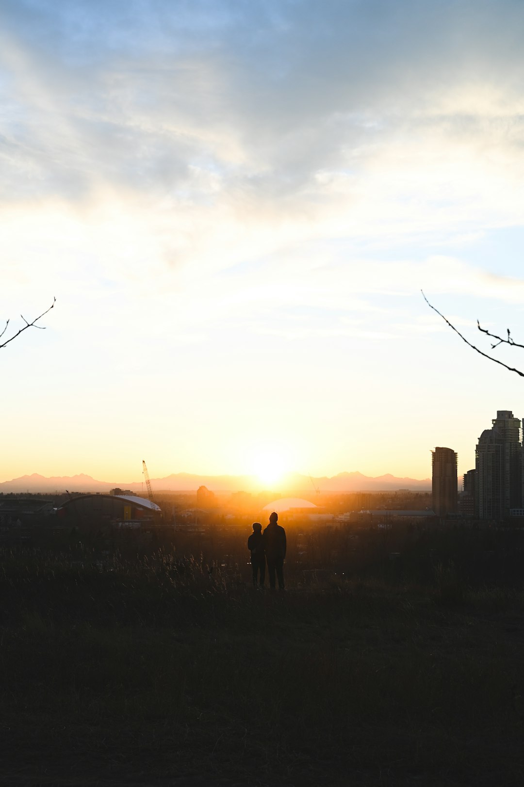 silhouette of man and woman standing on grass field during sunset