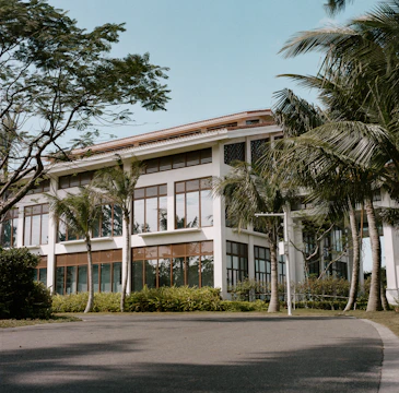 Exterior view of a modern dental clinic in Cancun with palm trees and bright blue skies.
