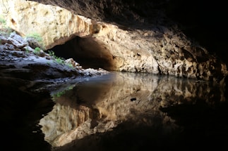 A serene view of the Barton Creek cave entrance with calm water reflecting the rocky ceiling.