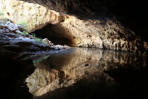 A serene view of the Barton Creek cave entrance with calm water reflecting the rocky ceiling.