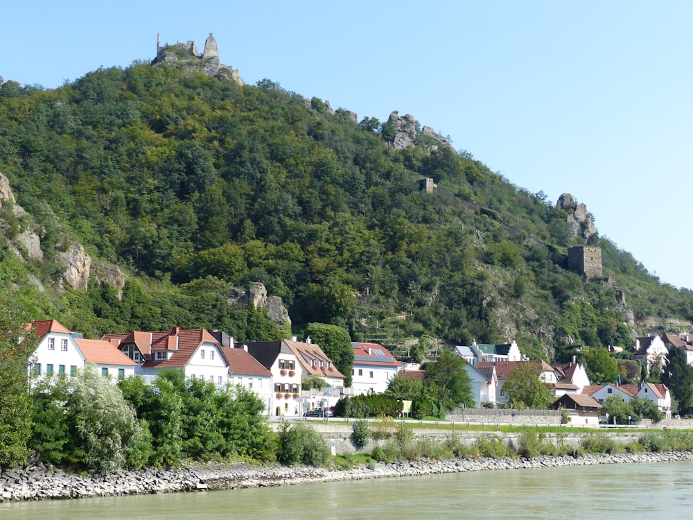 Weißes und braunes Betonhaus in der Nähe von grünen Bäumen und Bergen tagsüber