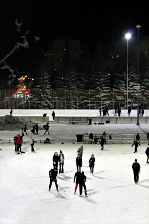 Hockey players on the ice during a night game under the lights, like a Golden Knights home game at T-Mobile Arena