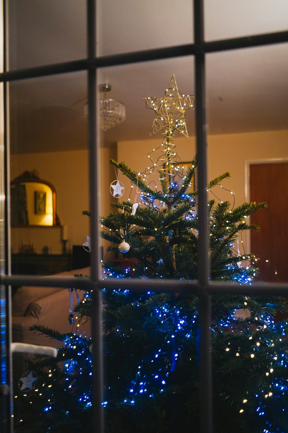 green christmas tree with string lights